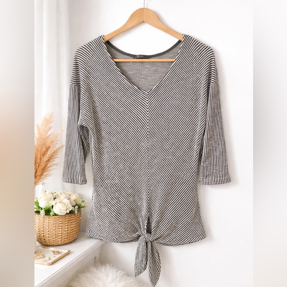Gyft Lightweight Striped Knit Tie Front Top